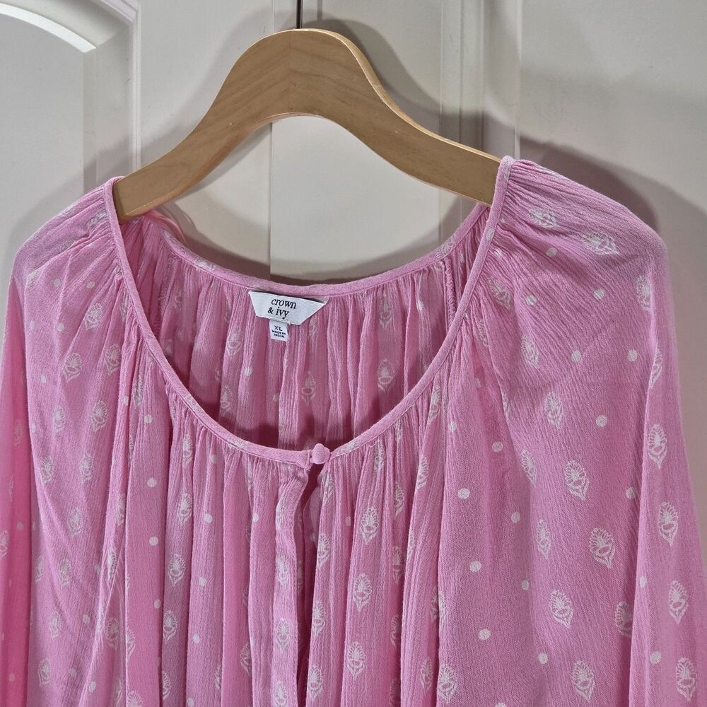 Crown & Ivy Pink Peasant Blouse Top XL Boho Floral Dot 3/4 Sleeve Gauze Barbieco - Picture 4 of 11